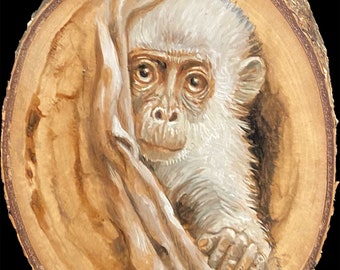 Peinture originale sur rondelle de bois massif. Jeune singe espiègle. Peinture à l'huile unique.