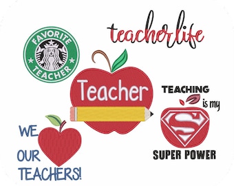 Lehrerin Stickmaschine Stickmuster | Apfel Schule Bleistift Bücher Klassenzimmer Lehre Wertschätzung Designs | Pes Dst Exp | Herunterladen