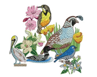 State Birds Flowers Machine Embroidery Designs Pack | All 50 US States Official Bird Flower Nature Designs | Pes Dst Exp | Download