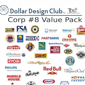 Könnte beinhalten: Eine Collage von Logos verschiedener Unternehmen, darunter Wendy's, Walmart, Outback Steakhouse und Red Bull. Der Text "Dollar Design Club Corp #8 Value Pack" befindet sich oben im Bild.