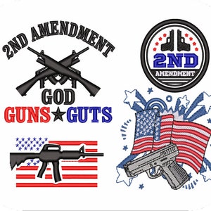 Op de afbeelding: Een witte achtergrond met een zwart-witte afbeelding van twee gekruiste geweren met de tekst "2ND AMENDMENT" erboven en "GOD GUNS★GUTS" eronder. Een zwarte cirkel met de tekst "2ND AMENDMENT" en een gestileerde afbeelding van twee pistolen bevindt zich in de rechterbovenhoek. Een zwart-witte afbeelding van een geweer met een rood-wit-blauwe Amerikaanse vlag erachter bevindt zich in de linkerbenedenhoek. Een zwart-witte afbeelding van een pistool met twee rood-wit-blauwe Amerikaanse vlaggen erachter bevindt zich in de rechterbenedenhoek.