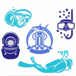 May include: A set of six blue and turquoise embroidery designs featuring scuba diving equipment, including a diving helmet, scuba tanks, a shark, and a scuba mask and snorkel.