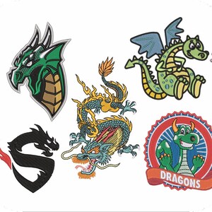 May include: Five embroidered patches featuring different dragon designs. The patches are colorful and feature green, blue, yellow, red, and black dragons. One patch has the word "DRAGONS" in a banner.