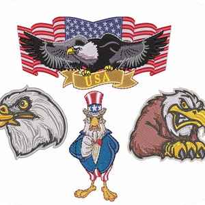 May include: An embroidered design featuring three bald eagles. One eagle is flying above a red, white, and blue American flag with the word "USA" on a banner. The other two eagles are facing forward with their beaks open. One eagle is white and the other is brown.