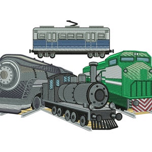 May include: Three different types of trains, a green diesel locomotive, a gray steam locomotive, and a blue electric train.