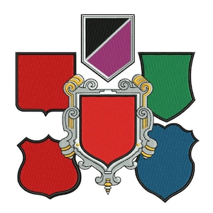 May include: Five embroidered shields in different colours and designs. The shields are arranged in a cluster, with a larger shield in the centre.