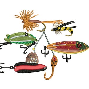 May include: Assortment of fishing lures, including a green and white lure, a red and green lure, a yellow and black lure, and a brown and white lure.