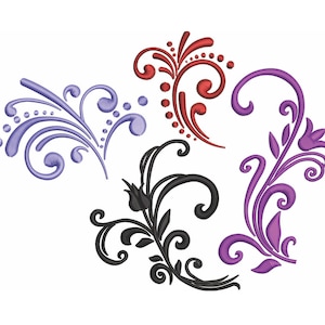 Puede incluir: Cuatro remolinos florales decorativos en negro, morado, rojo y azul. Los remolinos son estilizados y tienen un toque caprichoso.