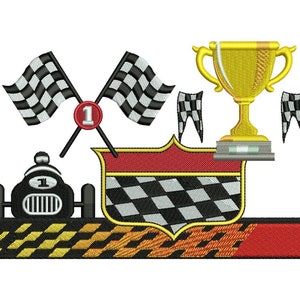 May include: A black and white checkered finish line with a red and yellow checkered stripe. A black race car with the number "1" on it is crossing the finish line. A gold trophy with a checkered flag on each side is above the finish line. Two checkered flags are crossed behind the car with a red circle with the number "1" in it.