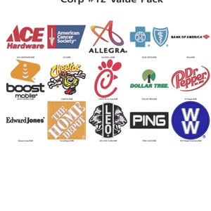 Pu&ograve; includere: Una collezione di 12 loghi ricamati, tra cui Ace Hardware, American Cancer Society, Allegra, Blue Cross, Bank of America, Cheeto's, Chick-fil-A, Dollar Tree, Dr Pepper, Edward Jones, Home Depot, Leo Lion Club, Ping e WW Weight Watchers.