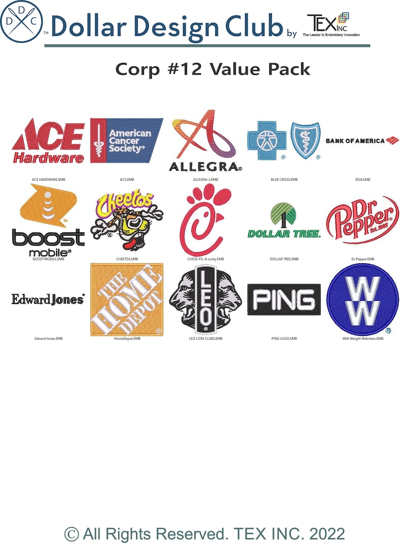 Pu&ograve; includere: Una collezione di 12 loghi ricamati, tra cui Ace Hardware, American Cancer Society, Allegra, Blue Cross, Bank of America, Cheeto's, Chick-fil-A, Dollar Tree, Dr Pepper, Edward Jones, Home Depot, Leo Lion Club, Ping e WW Weight Watchers.