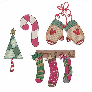 May include: A set of Christmas decorations including a candy cane, a Christmas tree, a pair of mittens, and three stockings hanging on a wooden rack.