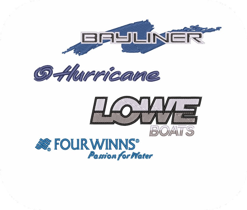 May include: White background with embroidered logos for Bayliner, Hurricane, Lowe Boats, and Four Winns. The Four Winns logo includes the text "Passion for Water". The logos are in shades of blue, gray, and white.