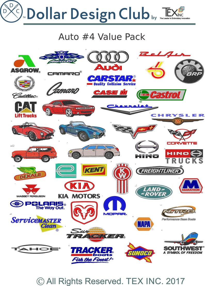 May include: An image featuring a collection of embroidered car logos, including Audi, Chevrolet, and Ford. The design is titled "Auto #4 Value Pack" and includes logos for various automotive brands, ideal for embroidery projects.