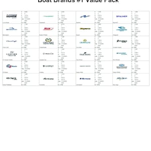 May include: A graphic featuring the "Dollar Design Club" logo and "Boat Brands #1 Value Pack." It displays logos and data for various boat brands, including Lowe Boats, Bennington, and Carver Yachts. The image includes measurements in inches.