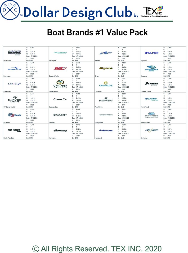 May include: A graphic featuring the "Dollar Design Club" logo and "Boat Brands #1 Value Pack." It displays logos and data for various boat brands, including Lowe Boats, Bennington, and Carver Yachts. The image includes measurements in inches.