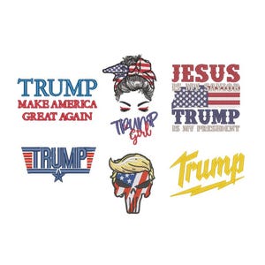 Op de afbeelding: Een set van zes borduurmotieven met de woorden "Trump", "Make America Great Again", "Jezus is mijn redder", "Trump is mijn president", "Trump Girl" en "Trump" met een bliksem. De ontwerpen zijn in rood, wit en blauw met een Amerikaans vlagmotief.