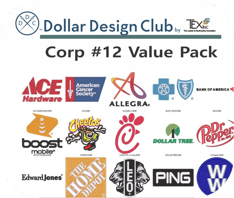Pu&ograve; includere: Un design grafico colorato con loghi di varie aziende, tra cui Ace Hardware, American Cancer Society, Allegra, Blue Cross, Bank of America, Boost Mobile, Cheetos, Chick-fil-A, Dollar Tree, Dr Pepper, Edward Jones, The Home Depot, Leo, Ping e WW. Il testo "Corp #12 Value Pack" &egrave; in alto nell'immagine.