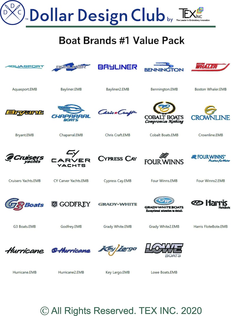May include: A graphic featuring logos of various boat brands, including Aquasport, Bayliner, and Bennington. The text "Boat Brands #1 Value Pack" is displayed above the logos. The Dollar Design Club and TEX INC logos are at the top.