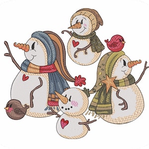 May include: Four snowmen with different colored hats and scarves, two of them have a small bird on their arm, and one has a red bird on its head.