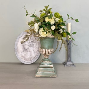 Vase, Pedestal, Vintage Vase, Flower Pot, Green, French Country Decor, Shabby Chic, Farmhouse Decor