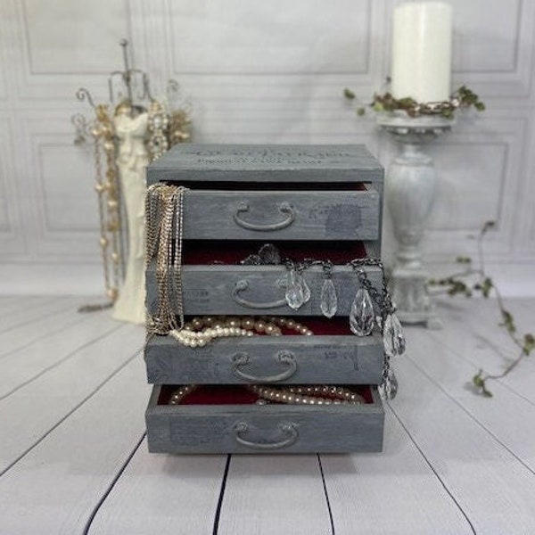 Jewelry Box, Wooden Box, Organizer, Vintage, Mini Closet, Box Grey 4 Doors, Shabby Chic, French Country, Farmhouse Décor