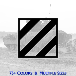 May include: A black and white square graphic with three diagonal stripes, set against a blurred background of military vehicles and soldiers. The text "75+ COLORS & MULTIPLE SIZES" is displayed at the bottom.