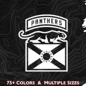 May include: White graphic of a panther, the word "PANTHERS", and a geometric design on a black topographic background. The text "75+ COLORS & MULTIPLE SIZES" is at the bottom.
