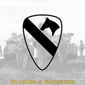 May include: Black and white shield emblem featuring a horse head silhouette and a diagonal black stripe. The background shows soldiers and military vehicles. Text at the bottom reads "75+ COLORS & MULTIPLE SIZES".
