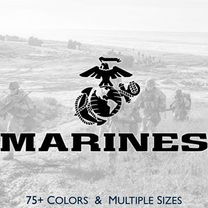 May include: Black and white image featuring the United States Marine Corps emblem, an eagle atop a globe with an anchor, and the word "MARINES" in bold letters. The background shows soldiers in a field.