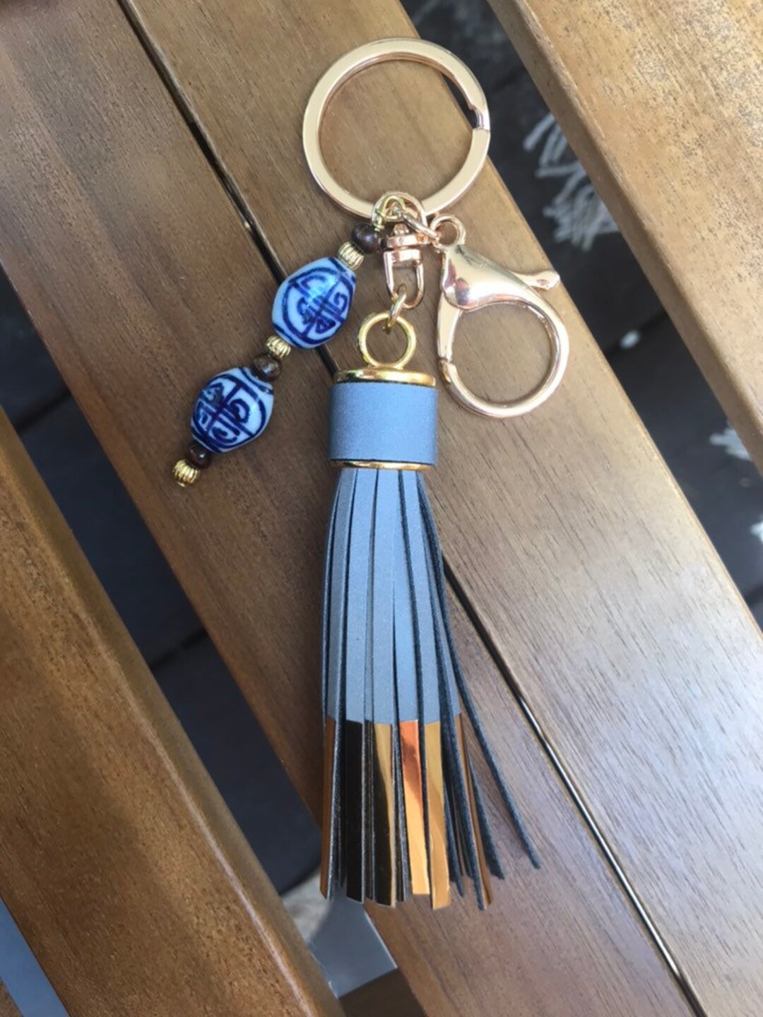 High Reflective Gold Tassel Keychain With Blue Jay Beading Etsy