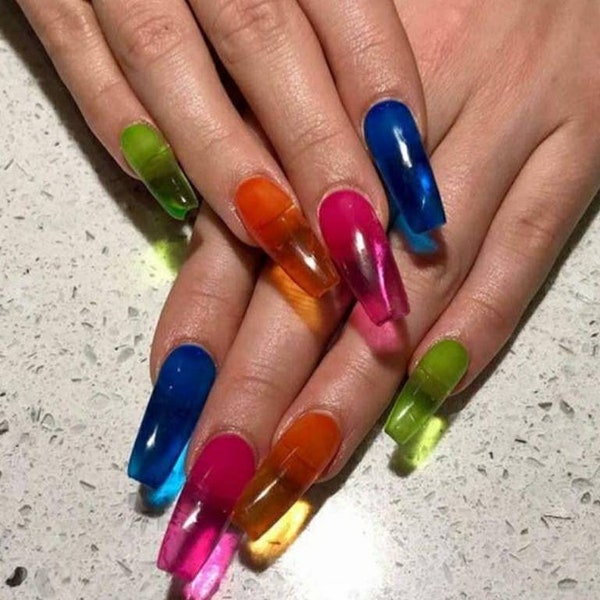 21 NAIL SHAPES - Pride Rainbow Jelly Sheer Hand Painted Press On Nails