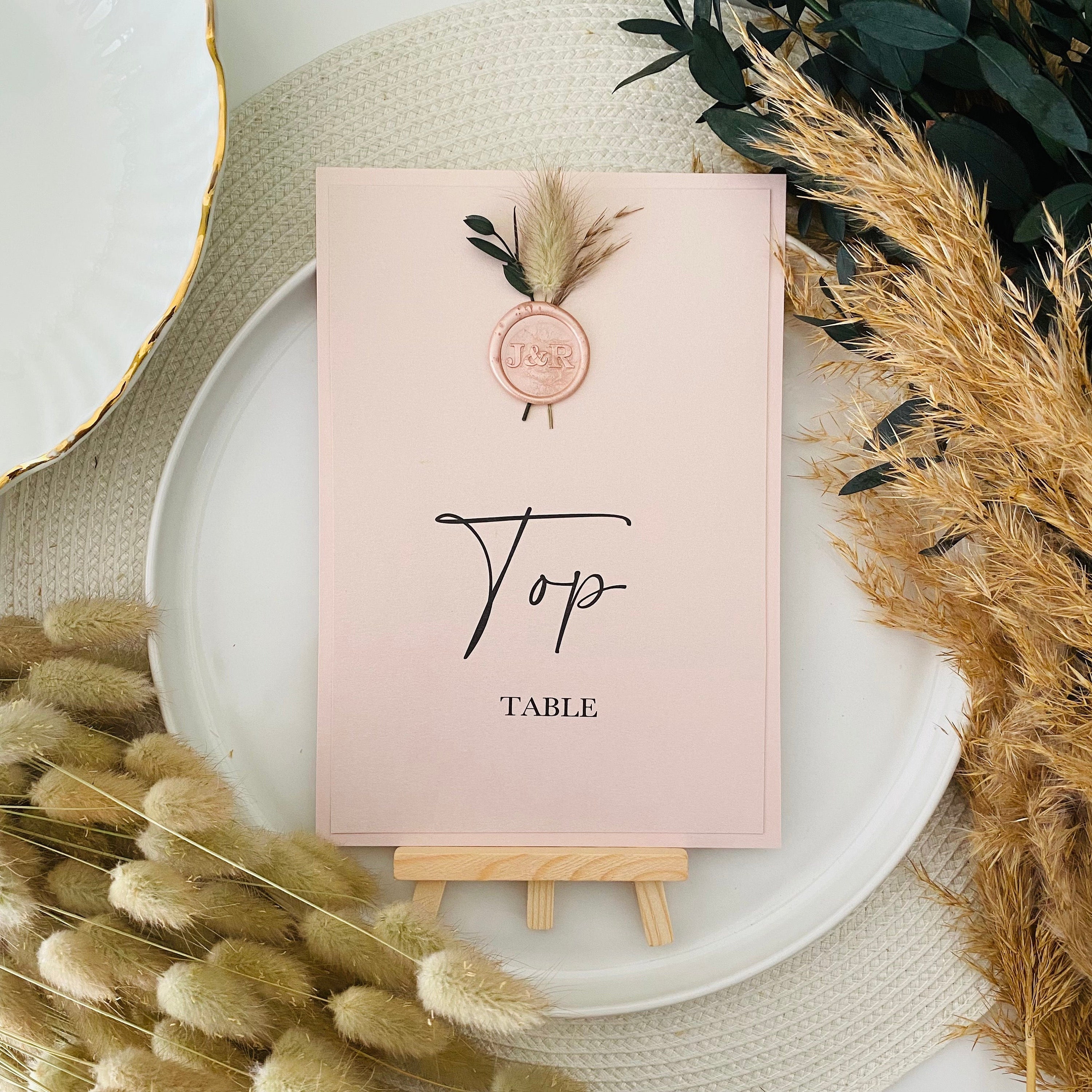 Blush Pink, Gold & Eucalyptus Dried Flowers Table Numbers/Names