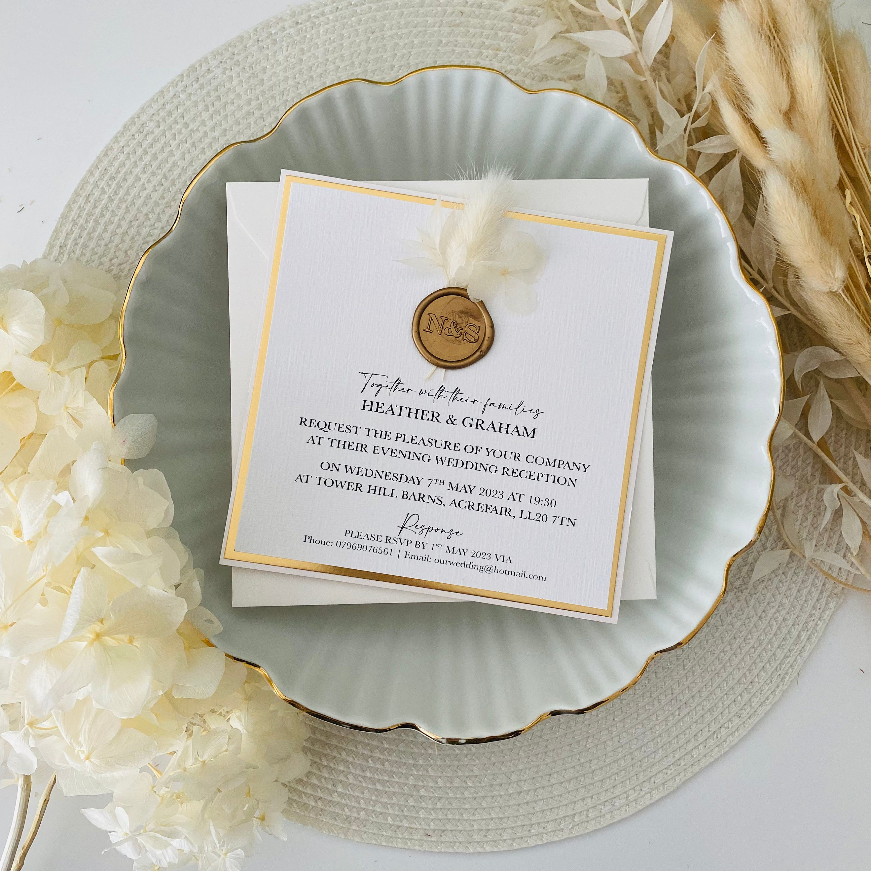 Ivory Shimmer & Textured Card Dried Flower Wax Seal Evening Invitations