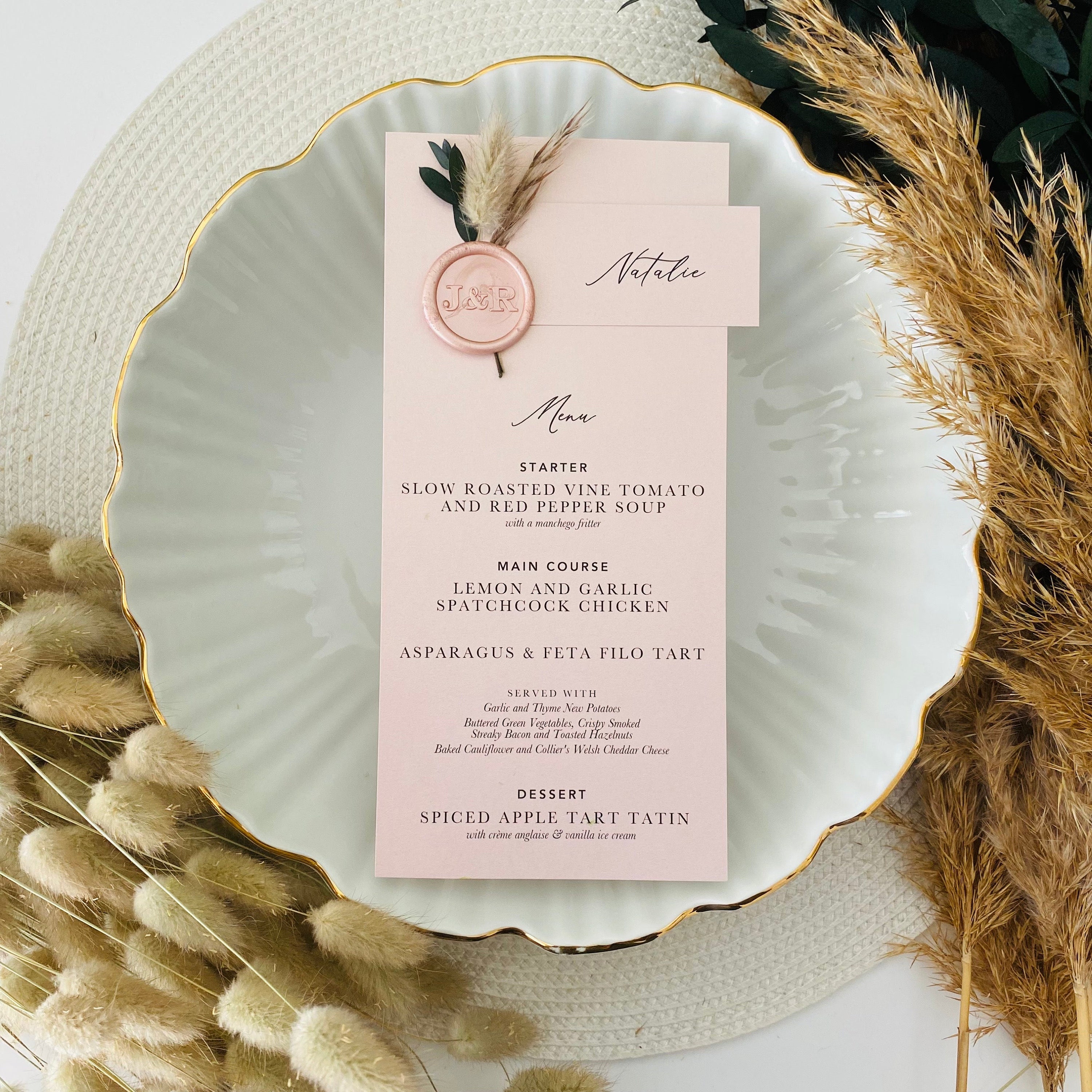 Blush Pink With Eucalyptus Dried Flower Wax Seal Name Tag Menu