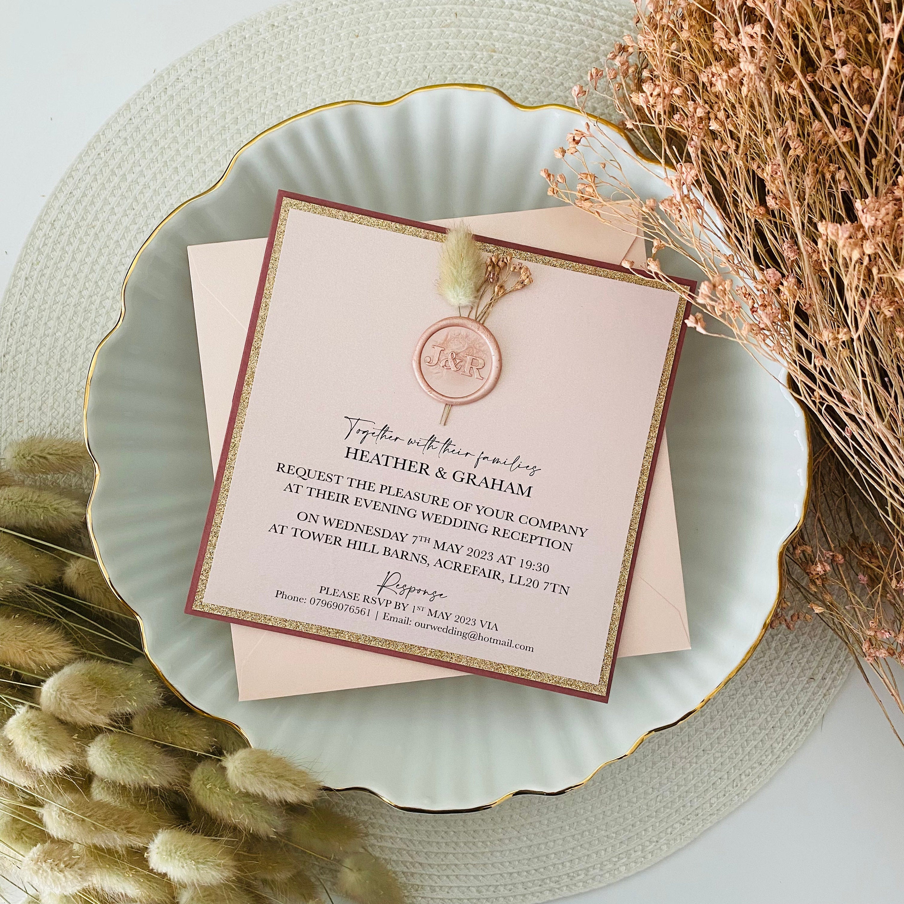 Dusky Pink, Rose Gold Glitter & Blush Pink Dried Flower Wax Seal Evening Invitations