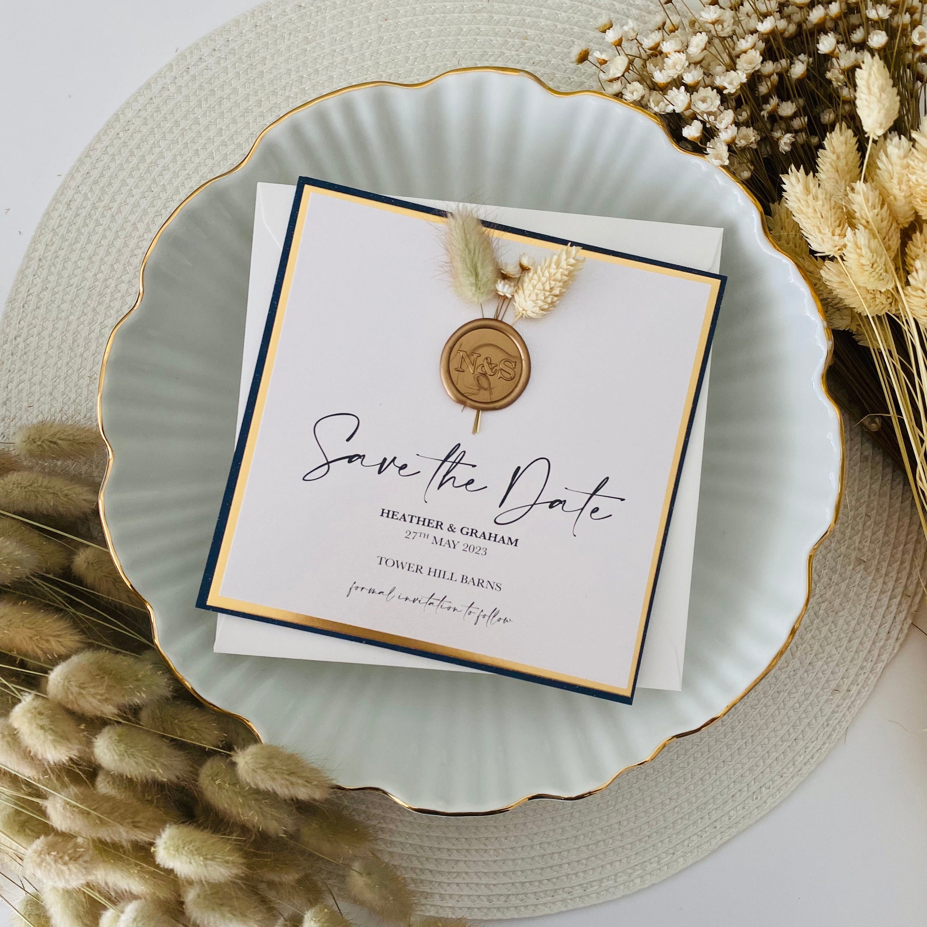 Dried Flower Save The Dates in Navy, Ivory & Gold