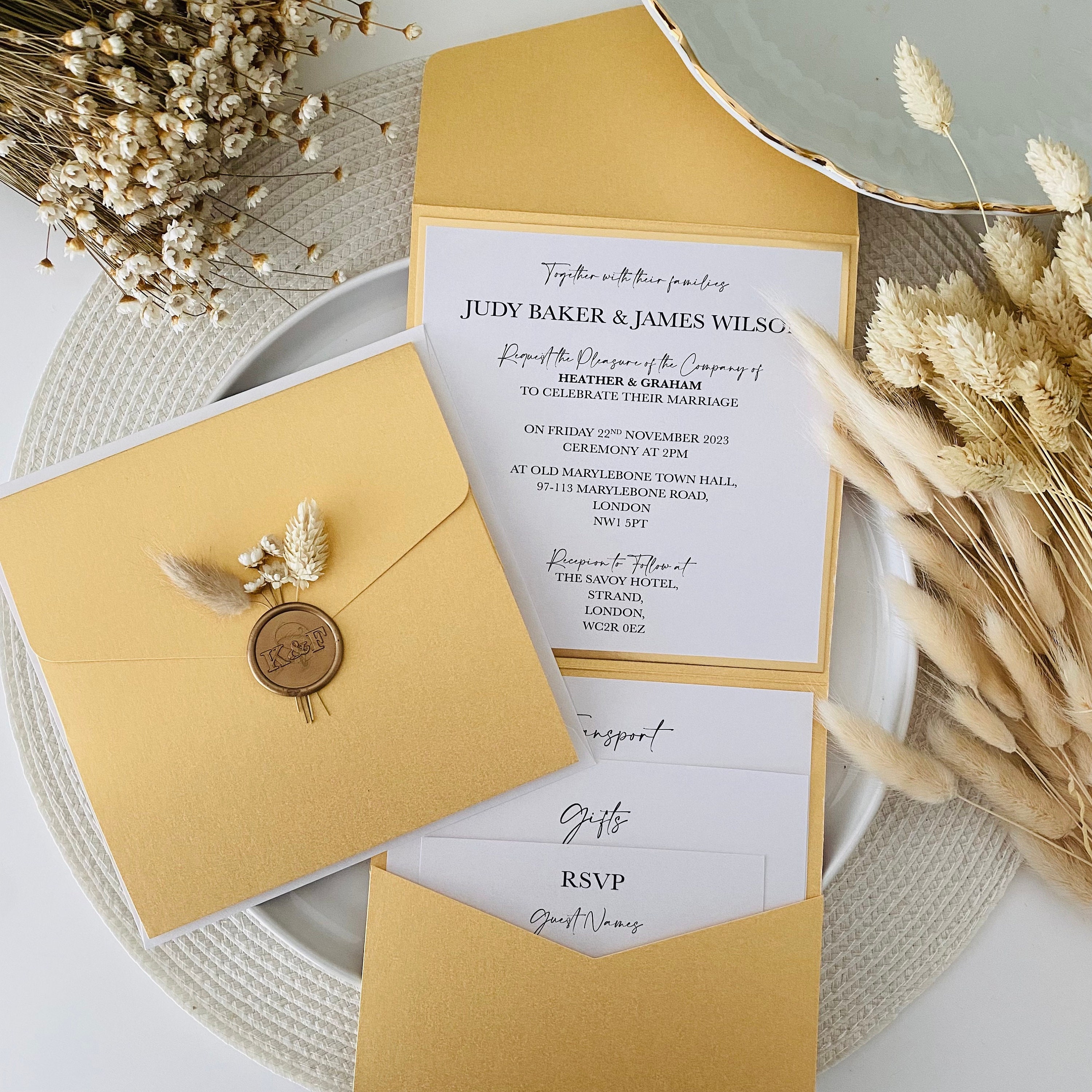 Yellow, White & Gold Wax Seal Detailed Bunny Tails Dried Flowers Pocket Fold Wedding Invitation With Rsvp