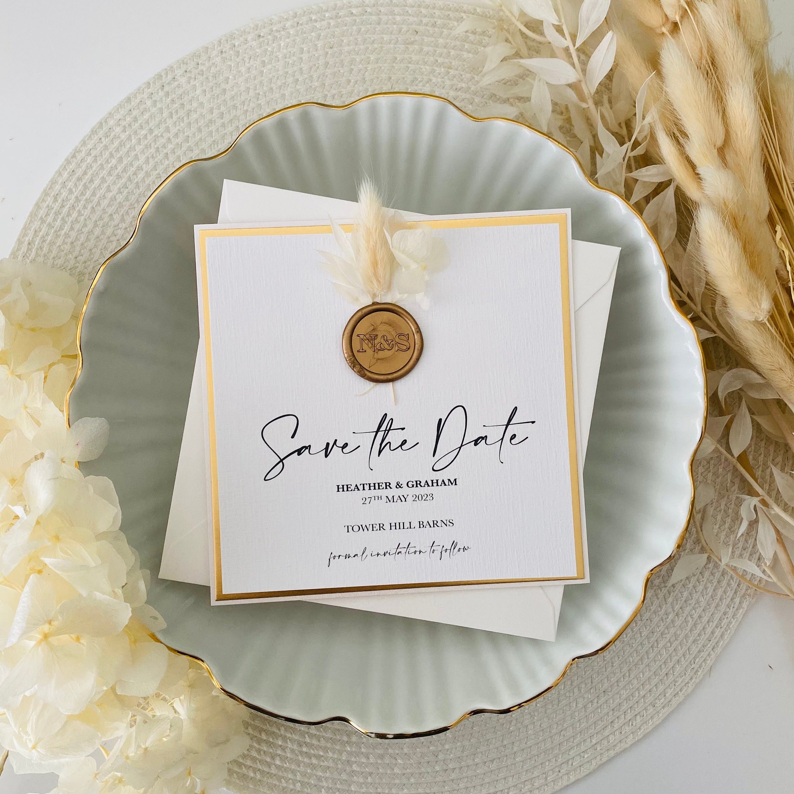 Dried Flower Save The Dates in Ivory Shimmer & Textured Card