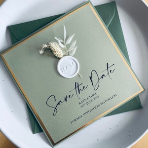 Dried Flower Save the Dates in Sage Green and Gold