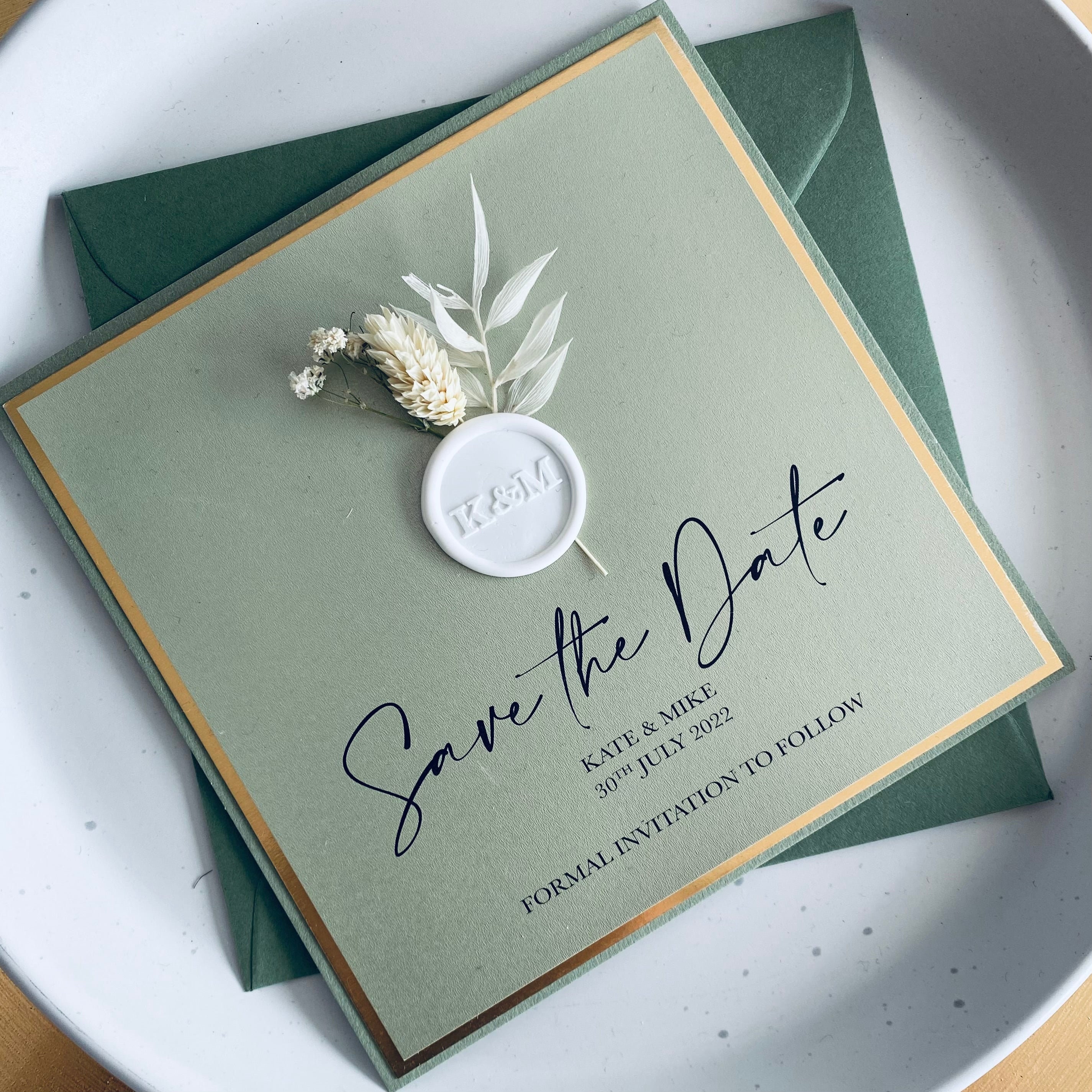 Dried Flower Save The Dates in Sage Green & Gold