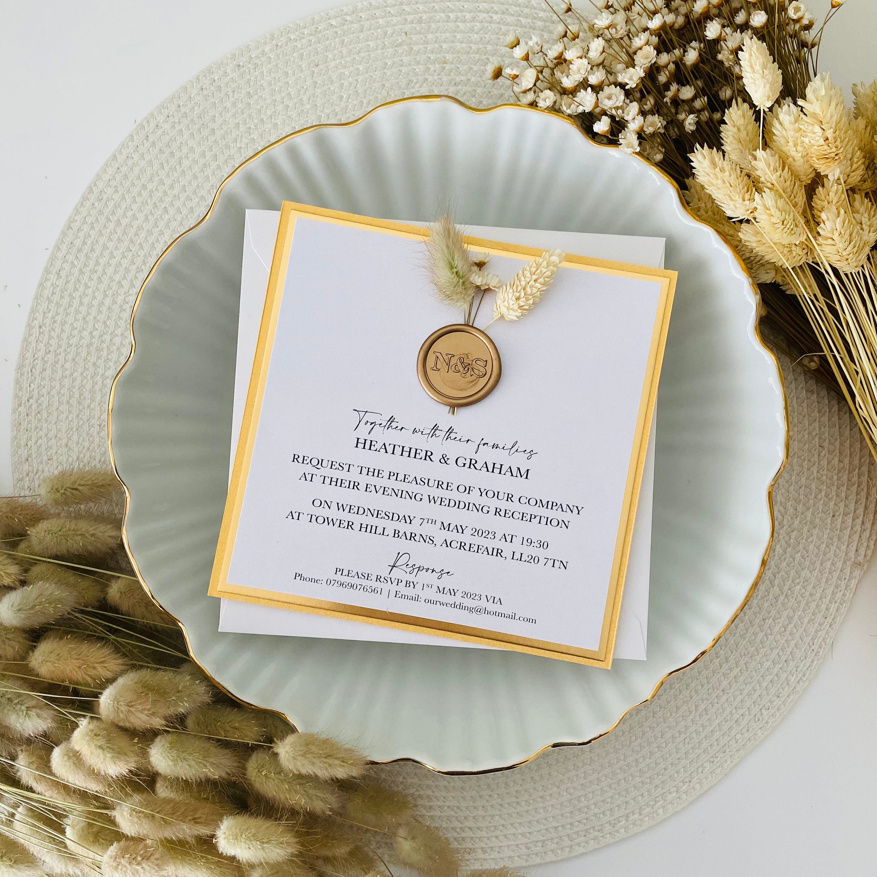Yellow, Gold & White Dried Flower Wax Seal Evening Invitations
