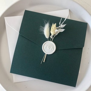 Dark green, Gold and White Detailed Bunny Tails and Dried Flowers Pocket Fold Wedding Invitation with RSVP