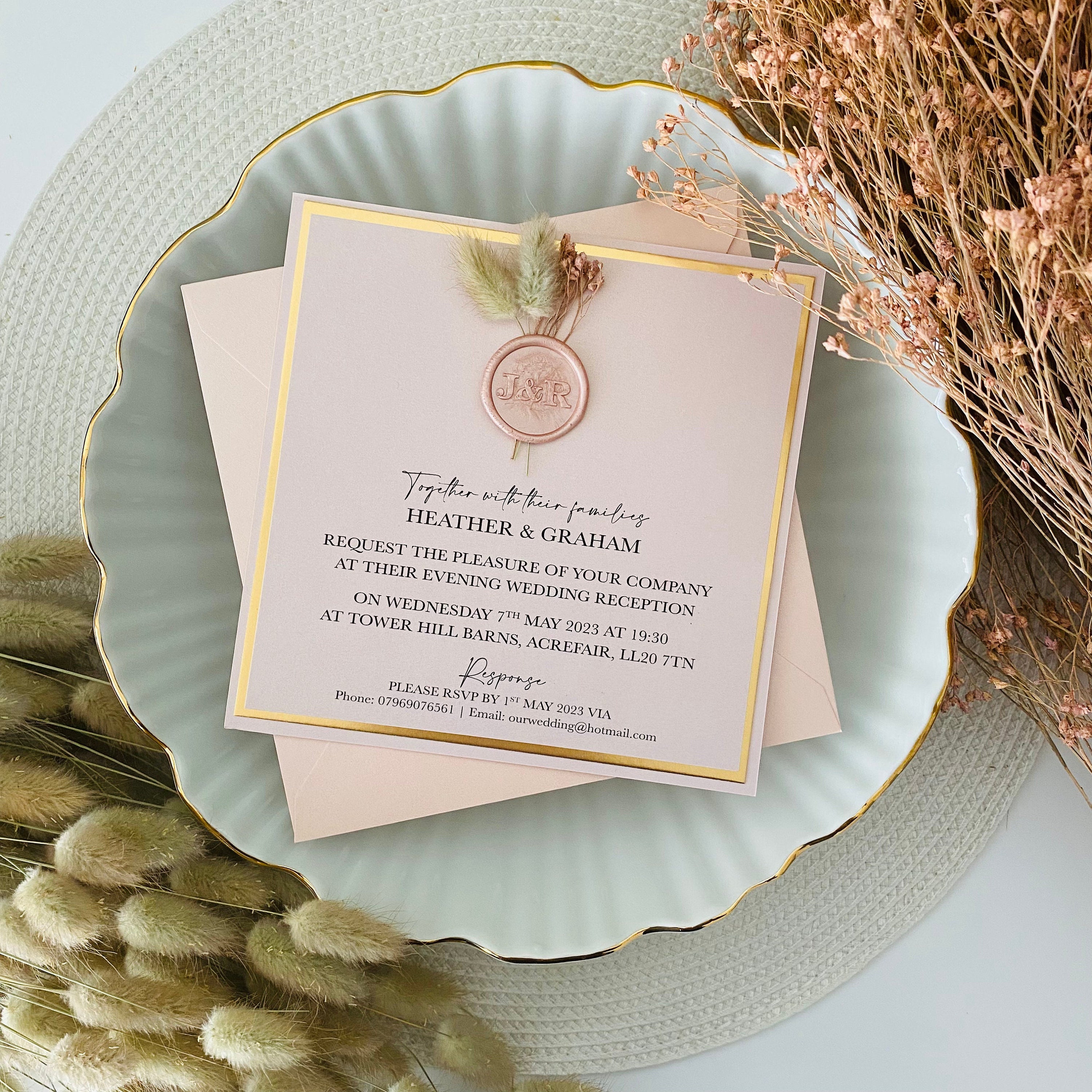 Blush Pink & Gold Dried Flower Wax Seal Evening Invitations