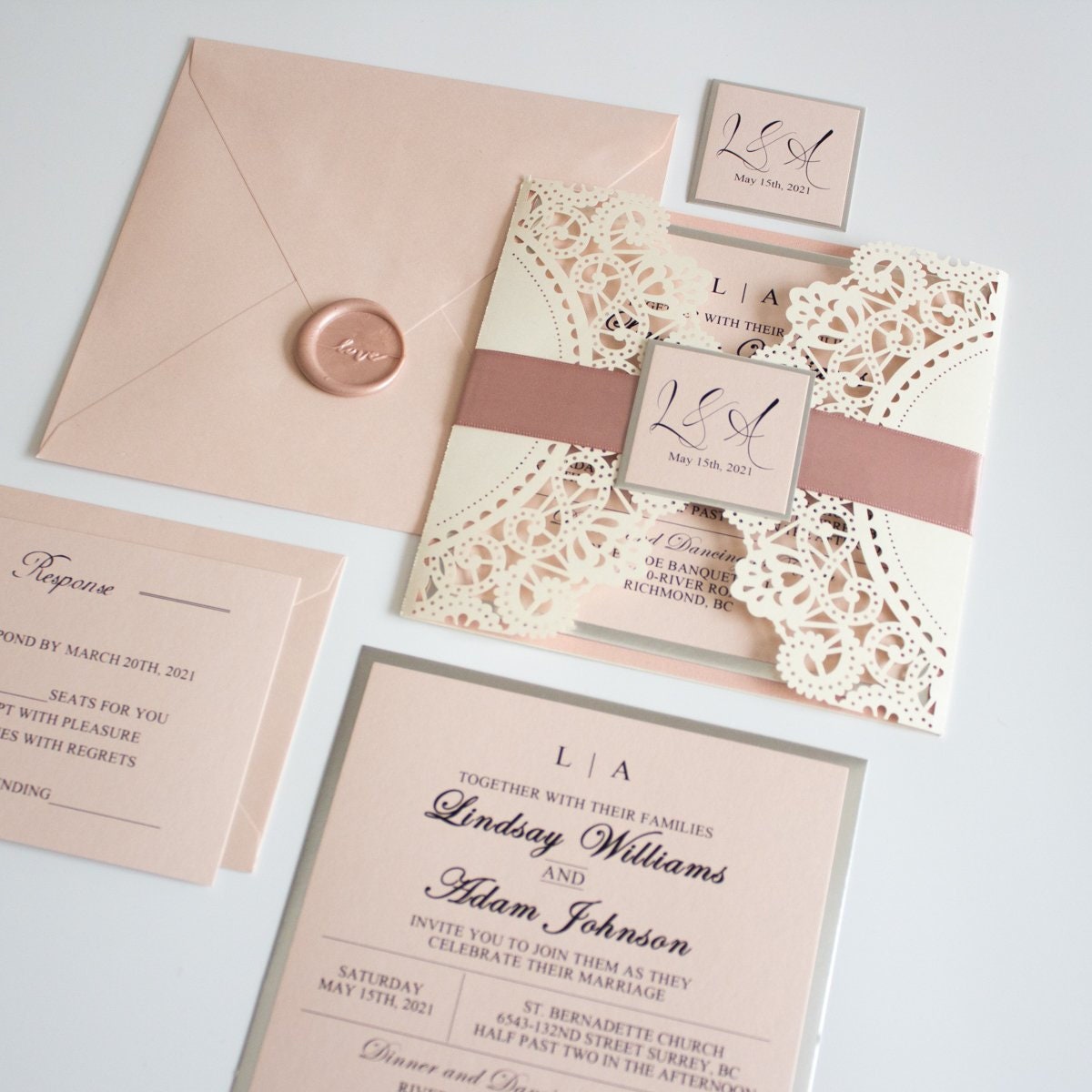 Pink Blush Lace Laser Cut Floral Wedding Invitations All in one Invite BH6023 