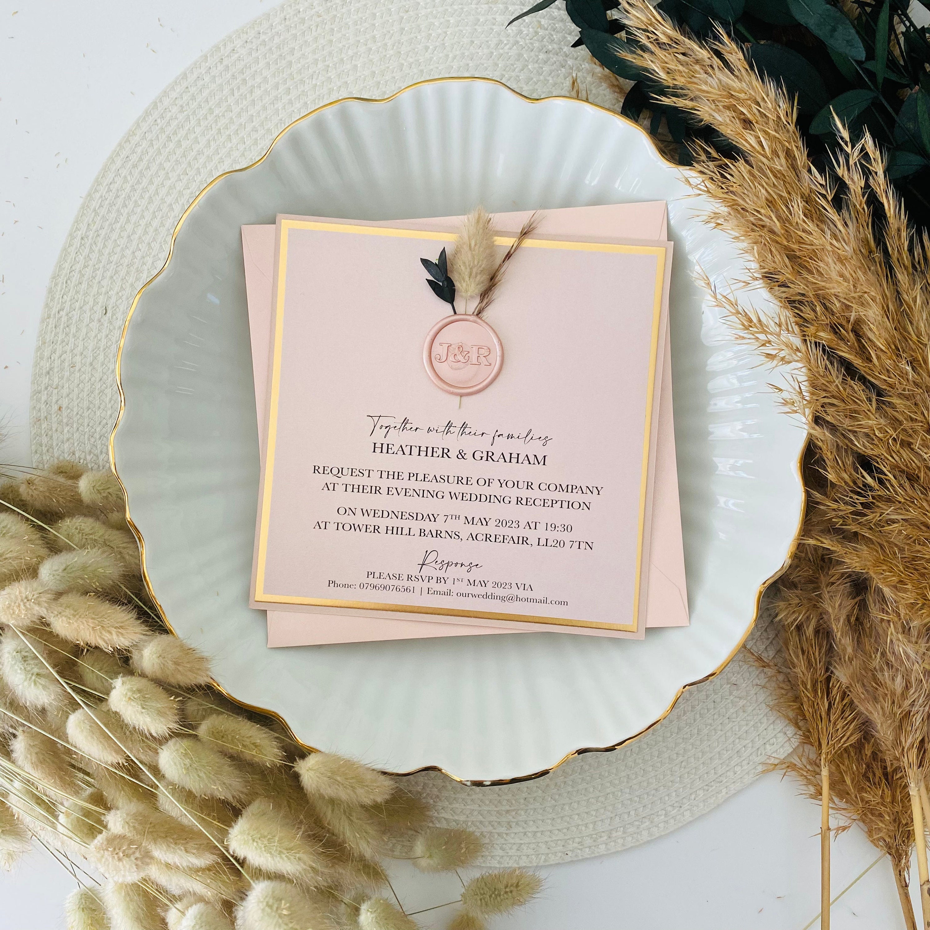 Blush Pink, Gold & Eucalyptus Dried Flower Wax Seal Evening Invitations