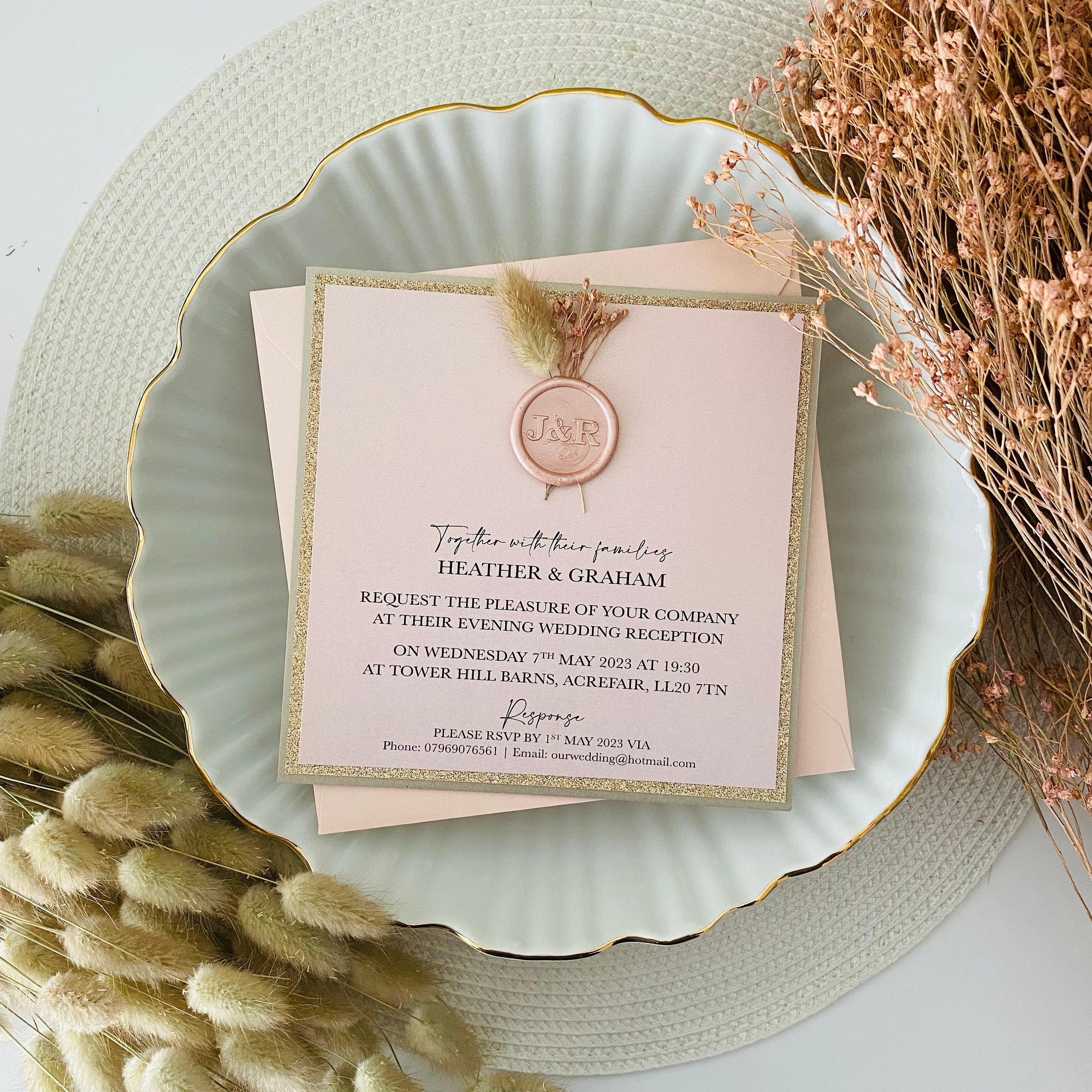 Sage Green Shimmer & Blush Pink Dried Flower Wax Seal Evening Invitations