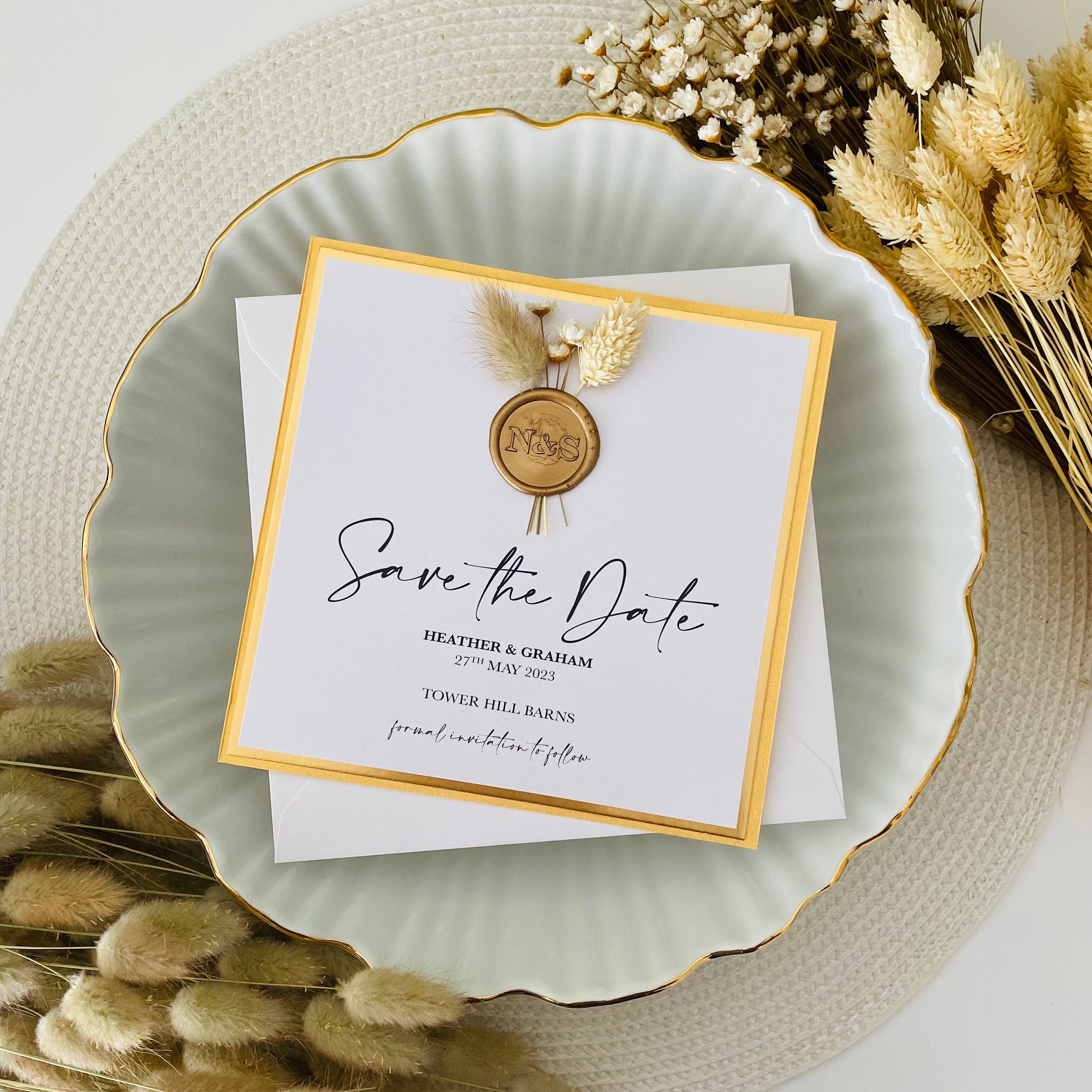 Dried Flower Save The Dates in Yellow, Gold & White Shimmer