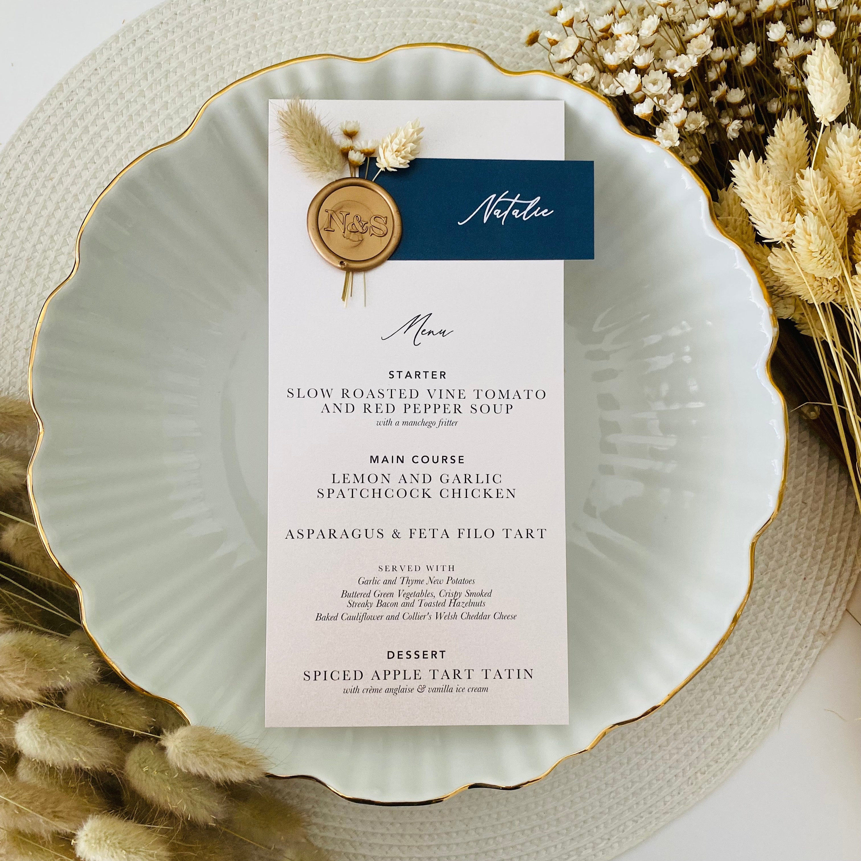 Navy, Gold & Ivory Dried Flower Wax Seal Name Tag Menu