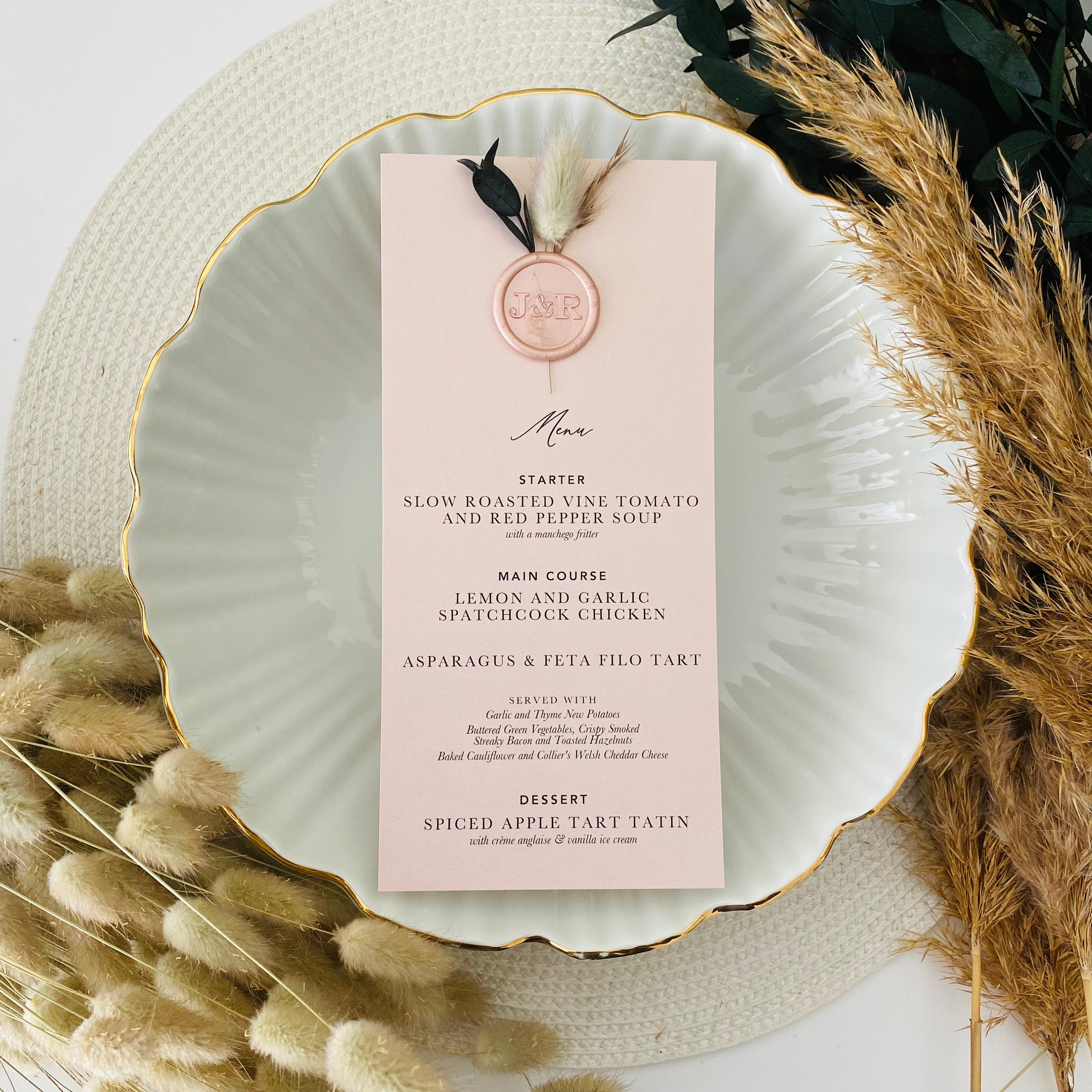 Blush Pink With Eucalyptus Dried Flowers Menu’s